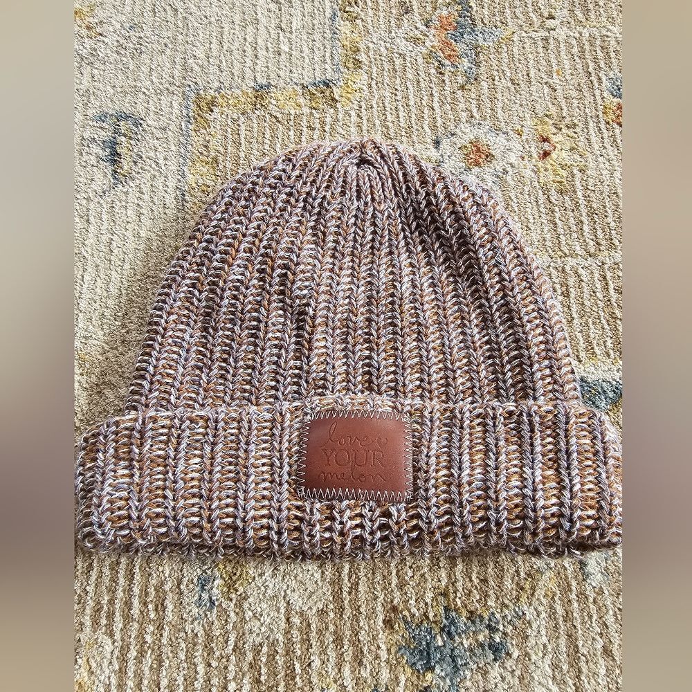 Love Your Melon Beanie With Brown Leather Patch. Like New! Brown, Grey, White
